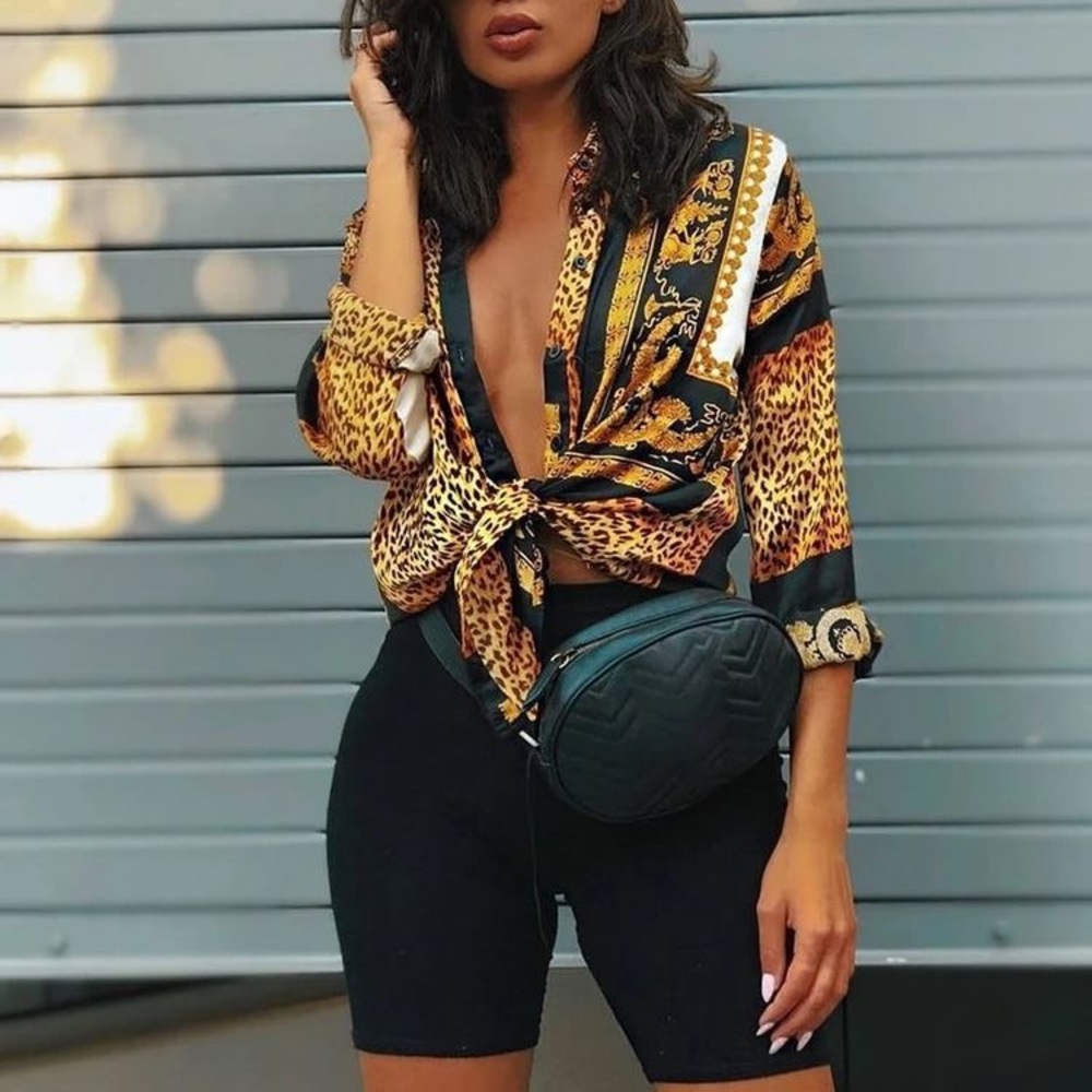 Leopard Print Design Long Sleeve Button Up Top